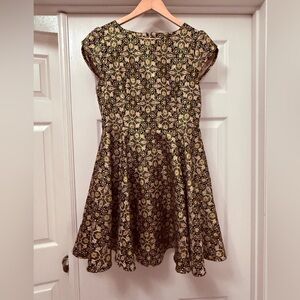 Moon Brocade Dress Womens Gold Black Metallic Cutout Back Fit‎ Flare Skater Mini